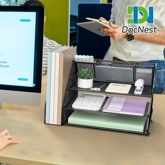 Stylish Black Metal Mesh 3-Tier Paper Organizer - Perfect for Office & Home - Picture 2 of 7